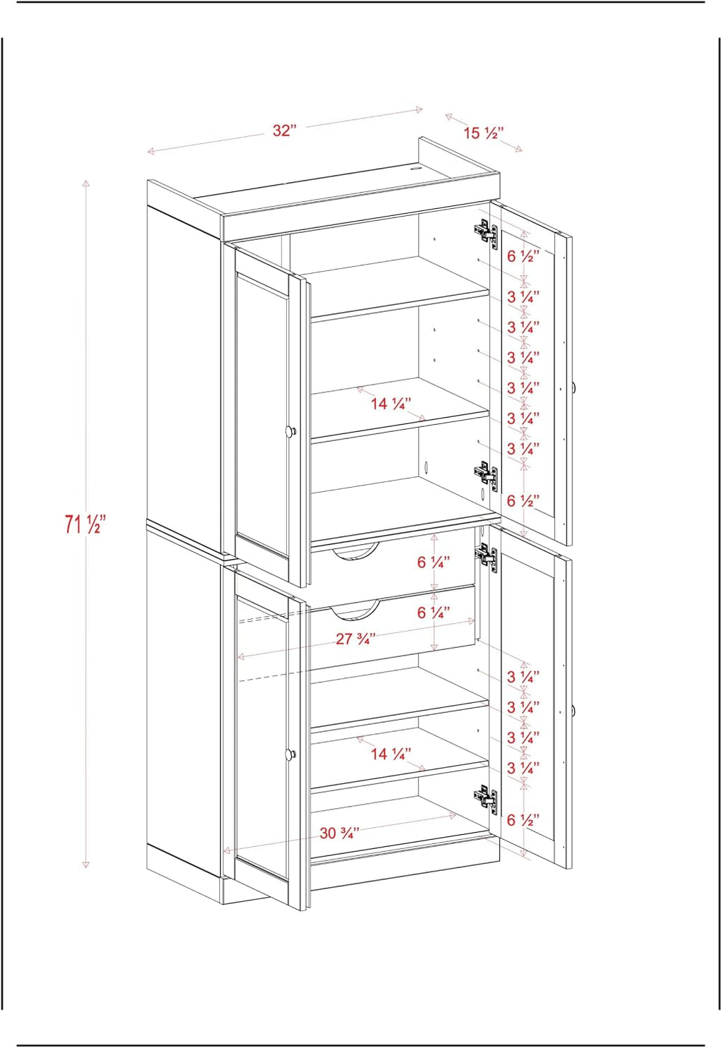 Palace Imports Solid Wood Kitchen Pantry Cabinet - 71.5" H x 32" W - Wooden Storage Cabinet w/ 4 Shaker Doors, 2 Drawers & 4 Adjustable Shelves, Antique Blue, 100% Eco-Friendly Wood, Made in Brazil