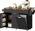 CHOEZON Mobile Kitchen Island with Folding Drop Leaf Countertop, Rolling Kitchen Island Cart with Trash Can Storage, Drawers, Adjustable Shelf, Spice Rack, Towel Bar, for Kitchen, Black and Walnut