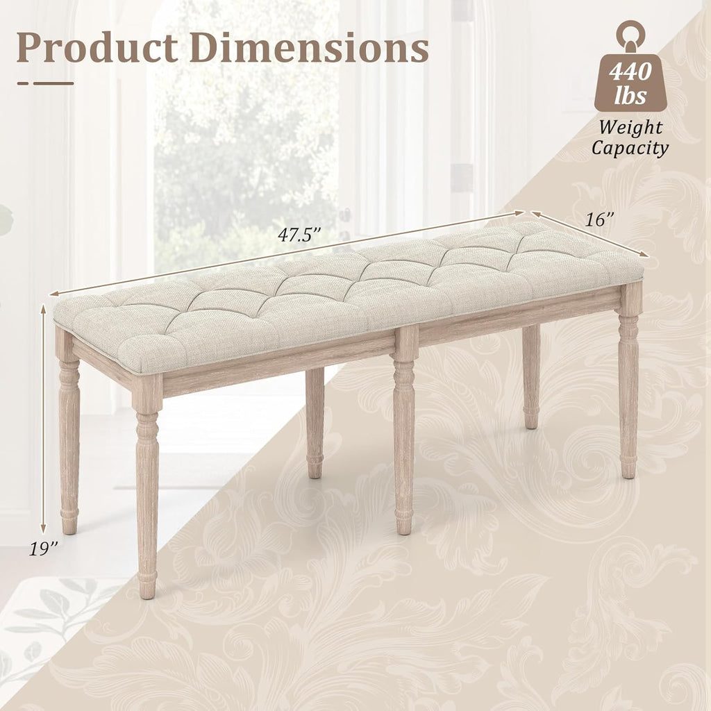 Giantex 47.5-inches Upholstered Dining Bench, Button-Tufted Table Bench with Carved Rubber Wood Legs, Padded Seat, Load 440Lbs, Vintage End of Bed Ottoman for Entryway, Living Room, Bedroom (1,Beige)
