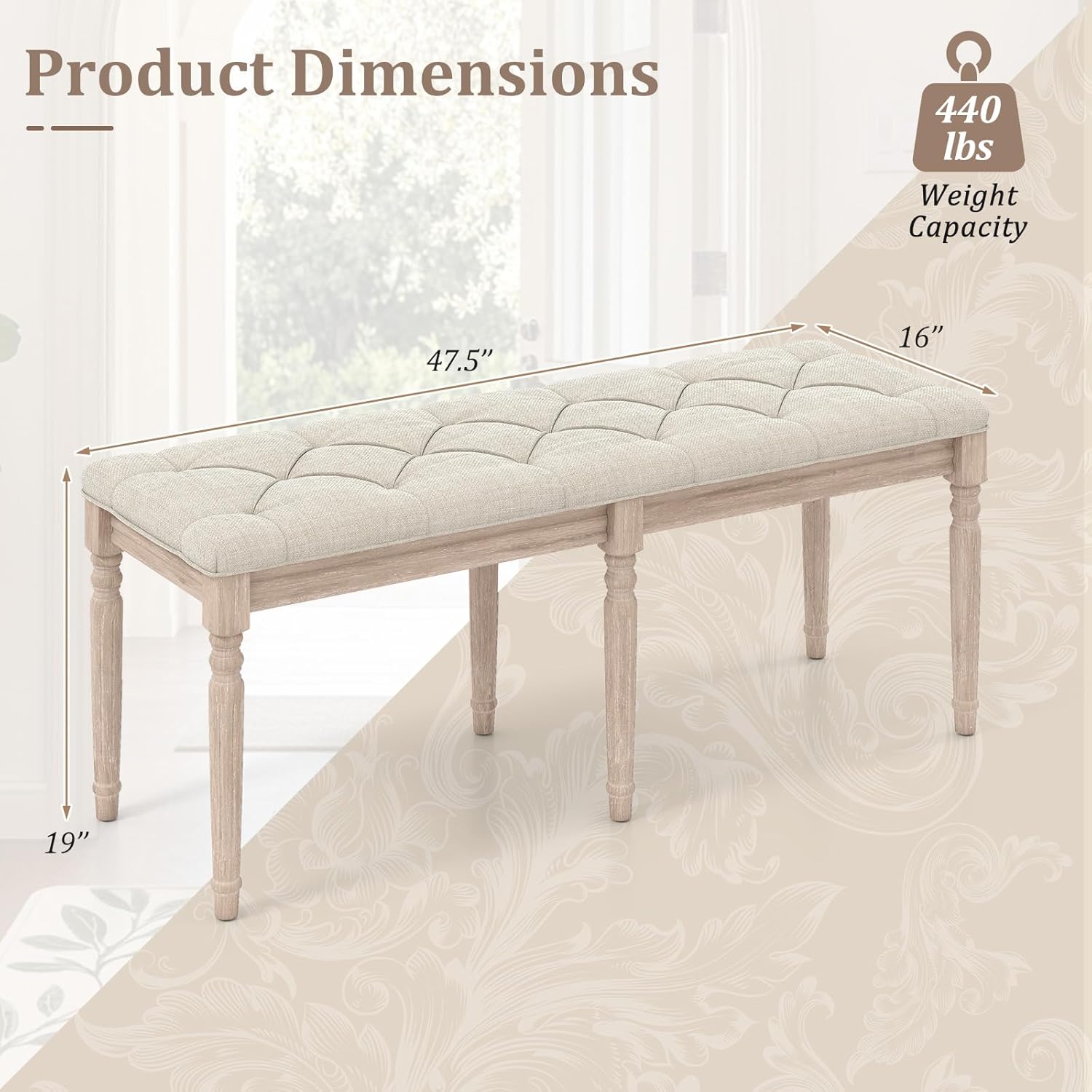 Giantex 47.5-inches Upholstered Dining Bench, Button-Tufted Table Bench with Carved Rubber Wood Legs, Padded Seat, Load 440Lbs, Vintage End of Bed Ottoman for Entryway, Living Room, Bedroom (1,Beige)