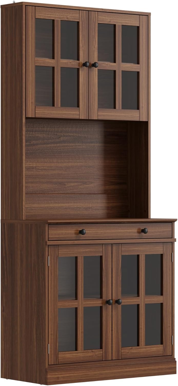 Garvee 72 Inch Kitchen Pantry Cabinet with Glass Doors, Drawer and Adjustable Shelves, Farmhouse Tall Storage Cabinet with Open Countertop, Coffee Bar Cabinet for Coffee Corner, Walnut
