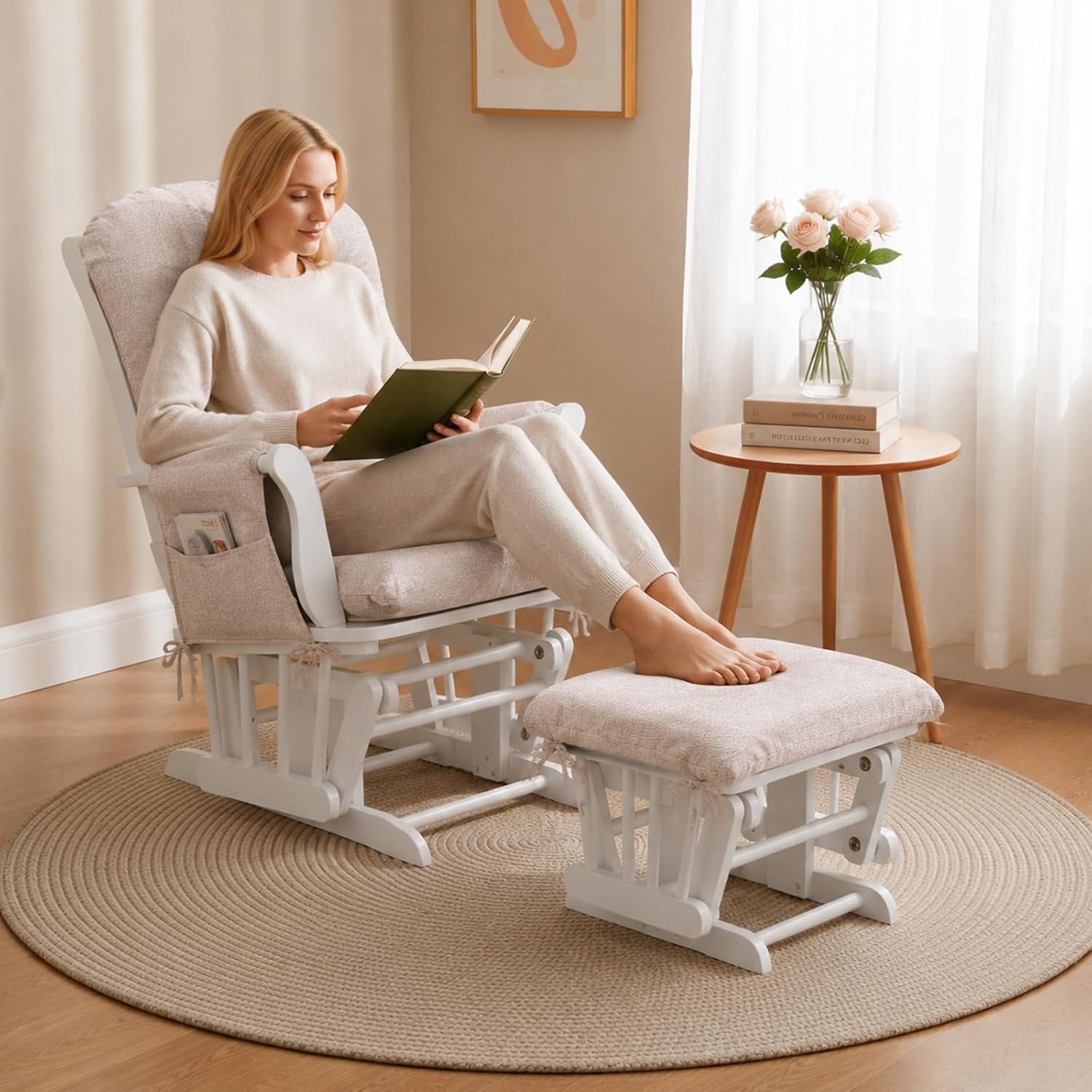 Boshen 5PCS Glider Rocker Replacement Cushions with Ottoman Cover, 3.5" Thick High Back Rocking Chair Cushion Set with Side Pockets for Indoor Nursery Glider Chair, Washable and Non Slip, Beige
