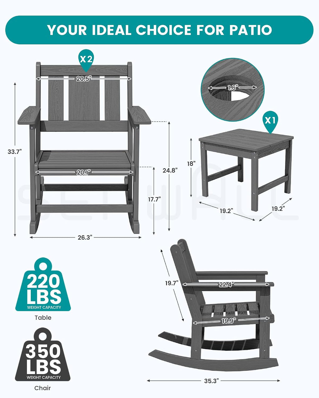 SERWALL Outdoor Rocking Chair Set of 2 with Side Table, All-Weather HDPE 3 Piece Patio Furniture Set, Outdoor Bistro Set with Pre-Drilled Hole for Porch Deck Lawn Balcony, Grey