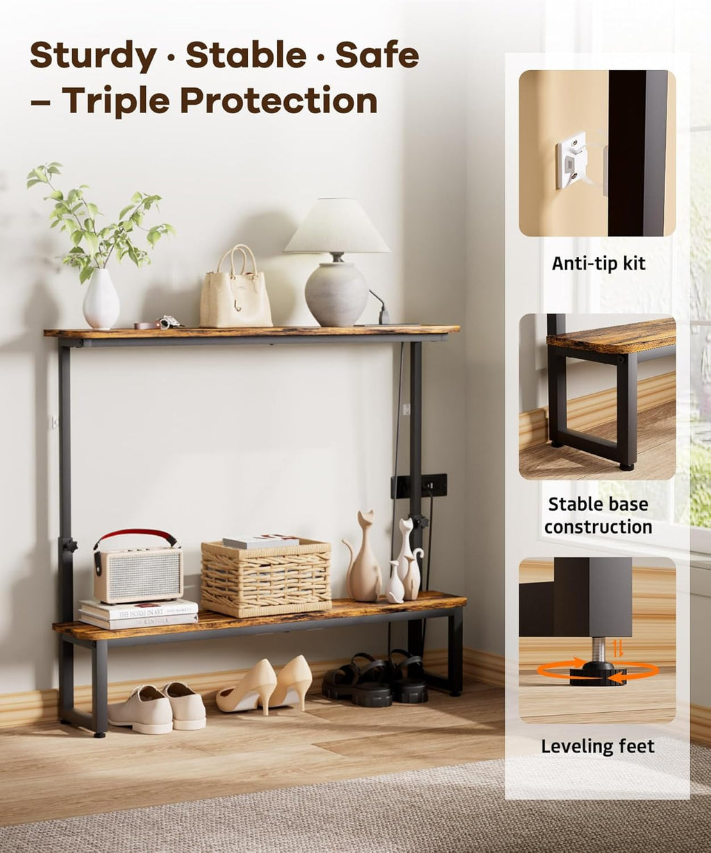 Homde 2-Tier Narrow Console Table: Industrial Design with Adjustable Height & Outlets - 39.4" Small Entryway Shelf for Living Room Hallway Behind Couch - Sofa Side Desk Display Shelf