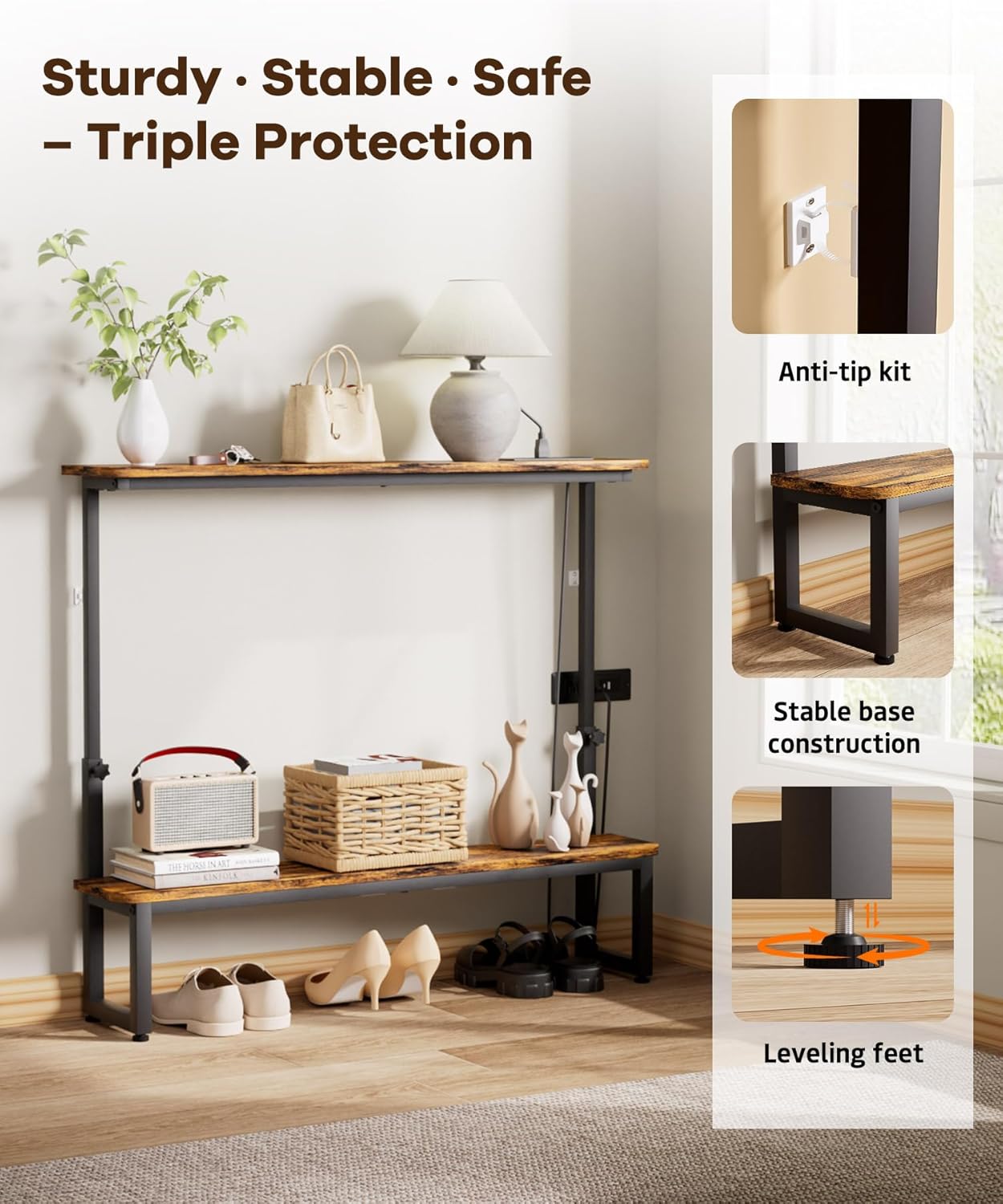 Homde 2-Tier Narrow Console Table: Industrial Design with Adjustable Height & Outlets - 39.4" Small Entryway Shelf for Living Room Hallway Behind Couch - Sofa Side Desk Display Shelf
