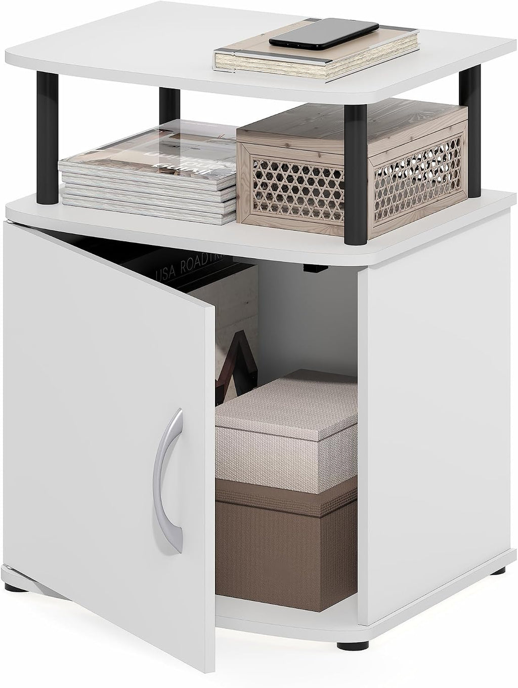 Furinno Jaya 2-Tier Side Table, White Closed Storage End Table, Night Stand, Bedside Table for Living Room, Bedroom, Home Office, Plain White/Black