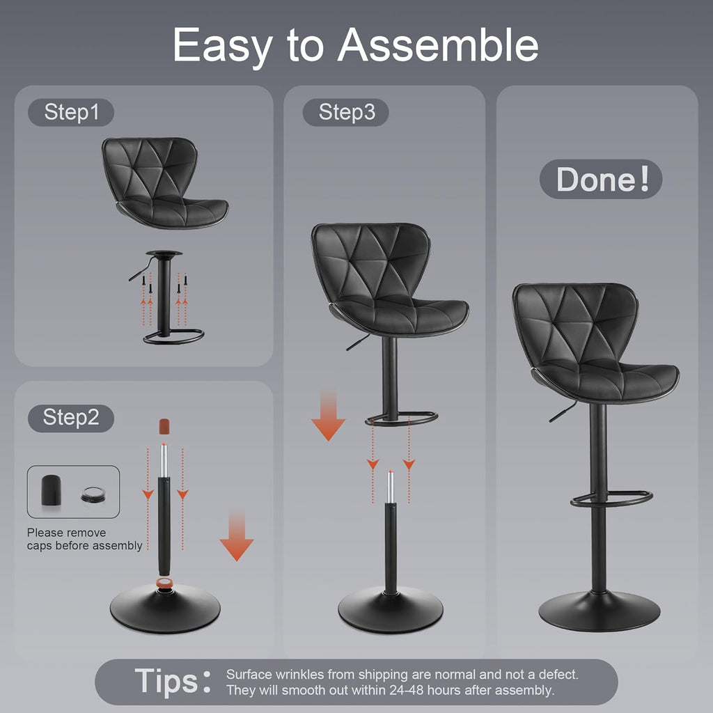 Bar Stools Set of 2, Modern Swivel Counter Height Bar Stools, Adjustable PU Leather Bar Chairs with Backrest, Upholstered Armless Bar Height Stools, Island Chairs for Kitchen Counter, Black
