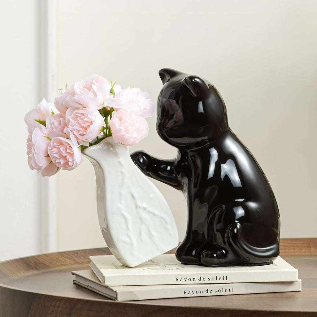 Cute Cat Vase with Flowers, 7.5in Small Ceramic Flower Vase & Cat Figurine | Unique Creative Black Vase Gifts for Cat Lovers, Decorative Vases for Home Office Bedroom Table Centerpieces Shelf Decor