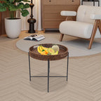 Retro Foldable Imitation Rattan Round Coffee Table, Imitation Wicker Wooden End Table with Removable Tray and 10lbs Load Capacity, for Living Room, Bedroom, Office, Bathroom, Bar, Balcony