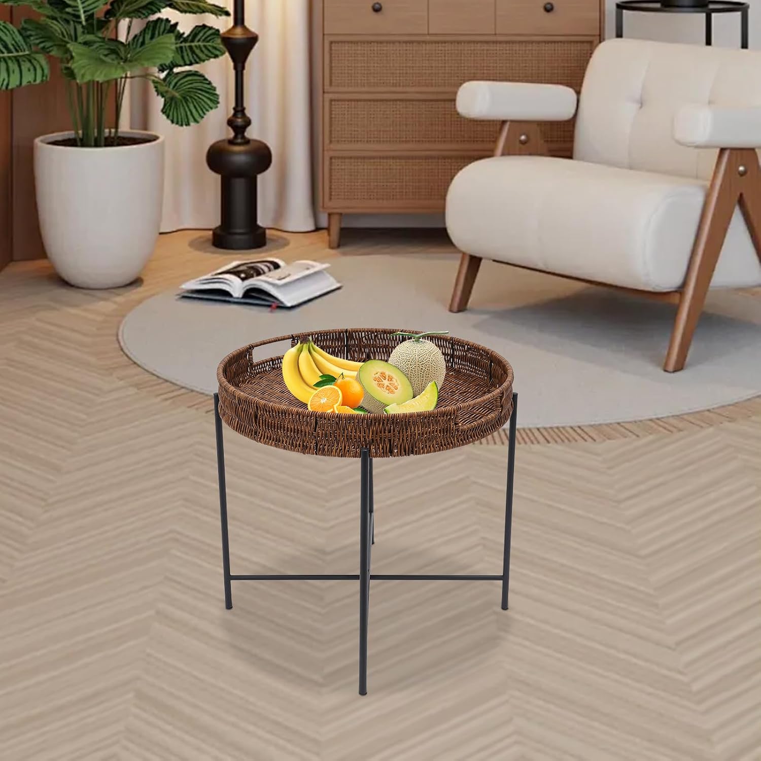 Retro Foldable Imitation Rattan Round Coffee Table, Imitation Wicker Wooden End Table with Removable Tray and 10lbs Load Capacity, for Living Room, Bedroom, Office, Bathroom, Bar, Balcony