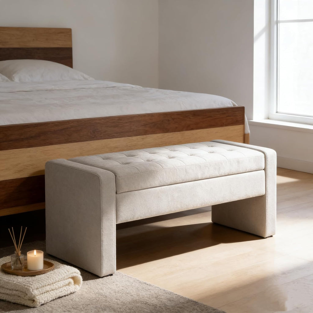 50" End of Bed Storage Bench, Modern Tufted Ottoman Bench with Soft Close Hinge, Large Capacity Upholstered Storage Ottoman for Bedroom, Living Room, Entryway, Fabric Foot of Bed Bench, Grey