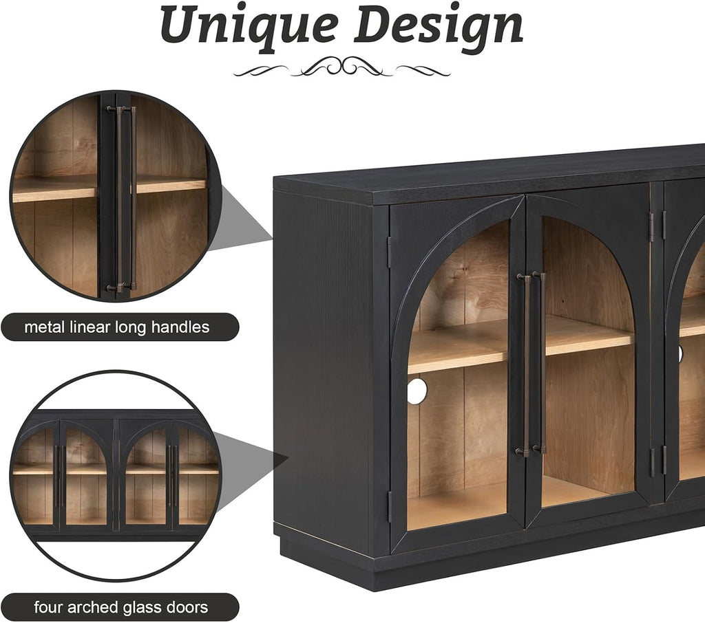 Large Arched Kitchen Sideboard, Wooden Storage Cabinet with Glass Doors with Adjustable Shelves for Kitchen, Dining Room and Bathroom (Black)