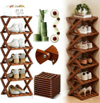 Foldable Shoe Rack, 9-Tier Bamboo Vertical Shoe Organizer, Narrow Space-Saving Shelf, No-Tools Assembly, Expandable Storage for Closet, Entryway, Corner, Bedroom (Brown, 6 Tire)