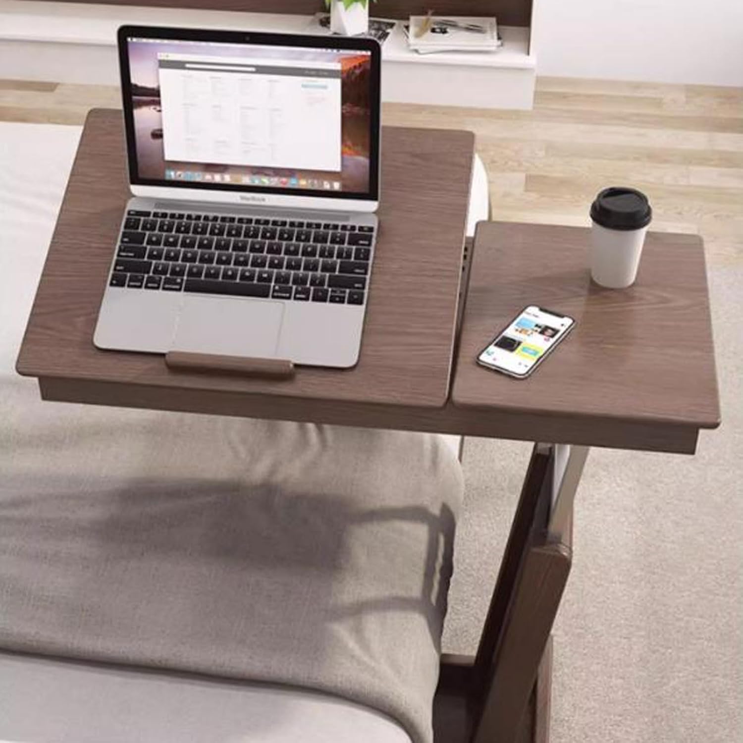 Coffee Table Height Adjustable C Shaped End Table, Foldable Couch Desk with Tiltable Top, Sofa Side Laptop Stand TV Tray with Storage Basket