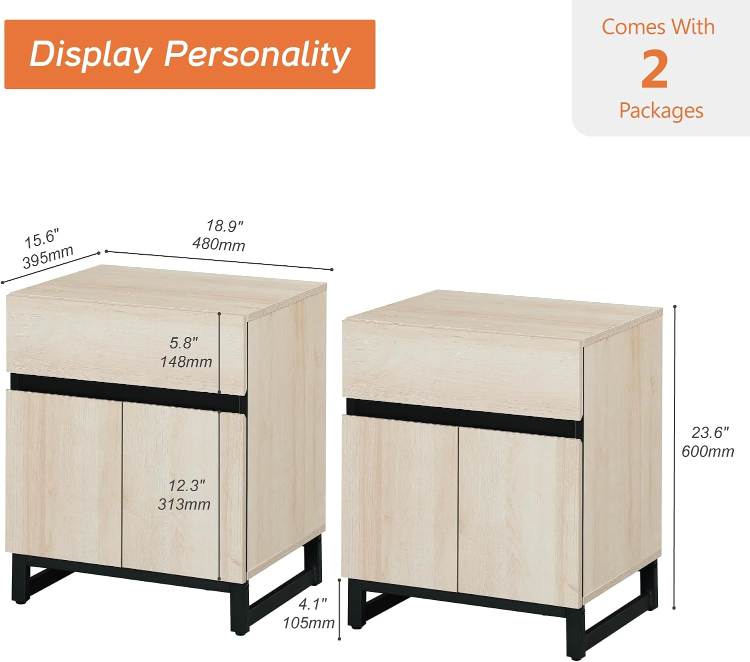 WAMPAT 2 Pack Nightstand with 1 Drawer and 1 Storage Cabinet, Modern Bedside Table with 2 Open Door for Bedroom, Wood Rustic Side End Table for Living Room, Light Oak