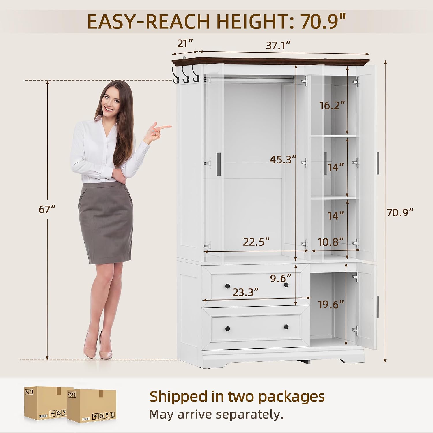 YESHOMY Armoire Wardrobe Closet with Drawers, 70.9" H x 21.1" D Wooden Closet with Hanging Rod, Fixed Shelves & Bottom Cabinet, Soft-Close Doors, Ball-Bearing Slides (White)