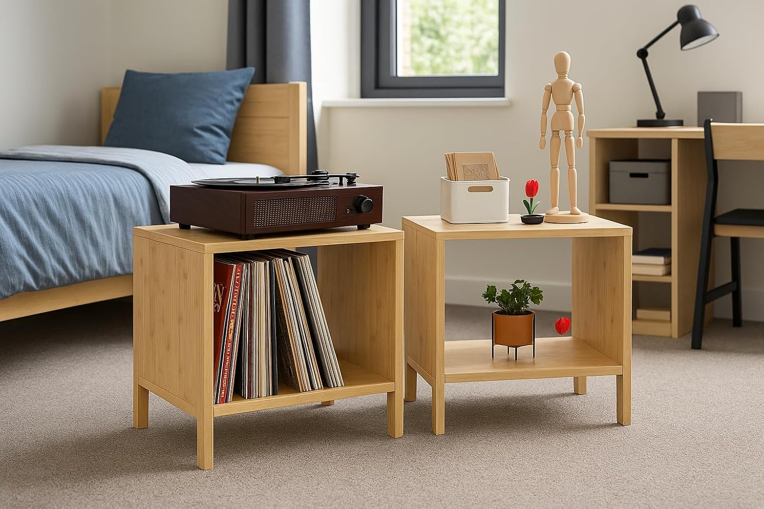 Bamboo Coffee Table Set of 2 – Modern End Tables for Living Room – Compact Side Corner Tables for Sofa or Bedroom – Minimalist Natural Wood Accent Furniture