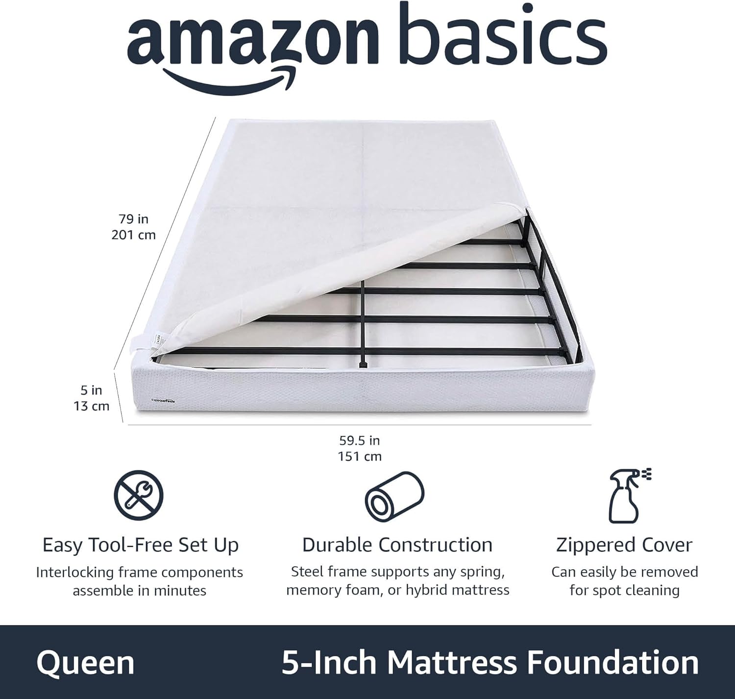 Amazon Basics Smart Box Spring Bed Base, 5-Inch Low Profile Height Mattress Foundation, Sturdy Durable Steel Support, Tool-Free Easy Assembly, Queen, 79" x 59.5" x 5", White