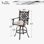 PHI VILLA Outdoor Swivel Bar Stools Set of 4, Cast Aluminum Patio Bar Height Chairs with Seat Cushion, All-Weather Bar Dining Chairs Metal Bistro Chairs
