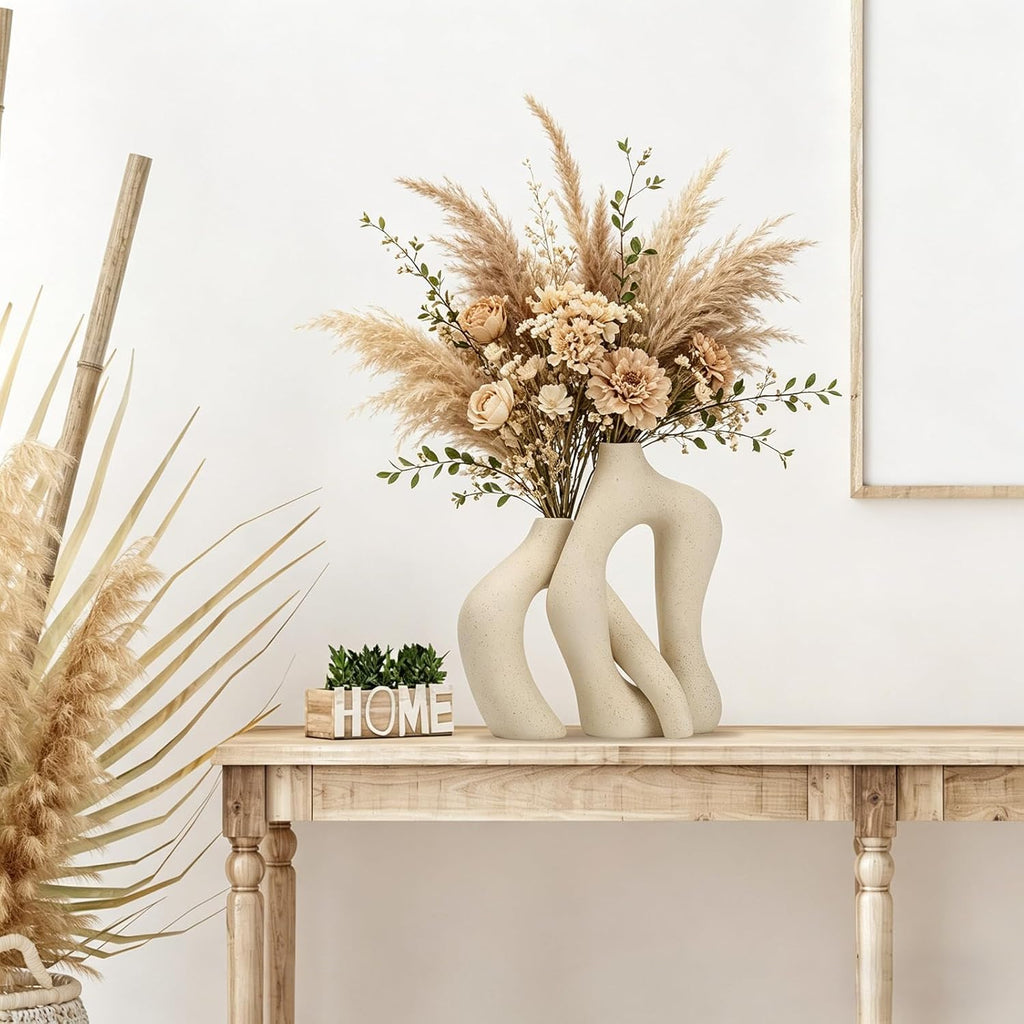 White Ceramic Vases Set of 2, Nordic Minimalist Modern Decor | Premium Matte Ceramic Finish；Modern Nordic Minimalist Style；Perfect for Fresh or Dried Flowers；Sturdy Chip-Resistant Build