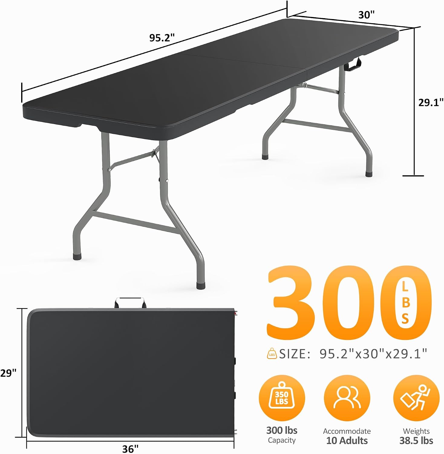 8ft Folding Table - Portable Foldable Table, Picnic Table with Carrying Handle & Safety Locks, Durable Black Folding Table for Parties, Events, Weddings Picnic, Camping, Dining Indoor Outdoor Use