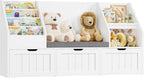 FOTOSOK 55.1’’ Kids Bookshelf with Reading Nook, Toy Storage Organizer with Seat Cushion and 3 Movable Drawers, Kids Reading Nook Toy Organizers and Storage with Bench for Playroom, Bedroom, White