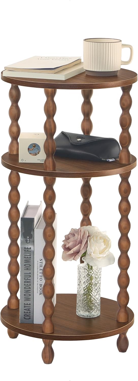AWASEN Small Round End Table, Round Side Table with 3-Tier Open Shelf for Small Spaces, Wood Accent Table Nightstand for Bedroom, Living Room, Office, Walnut Brown