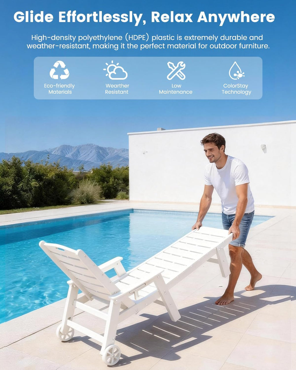 FOOWIN Chaise Lounge Chair, HDPE Lounge Chair Outdoor with 5 Positions, Oversized Pool Lounge Chairs with Rolling Wheels & Cup Holder for Poolside Deck Backyard, White