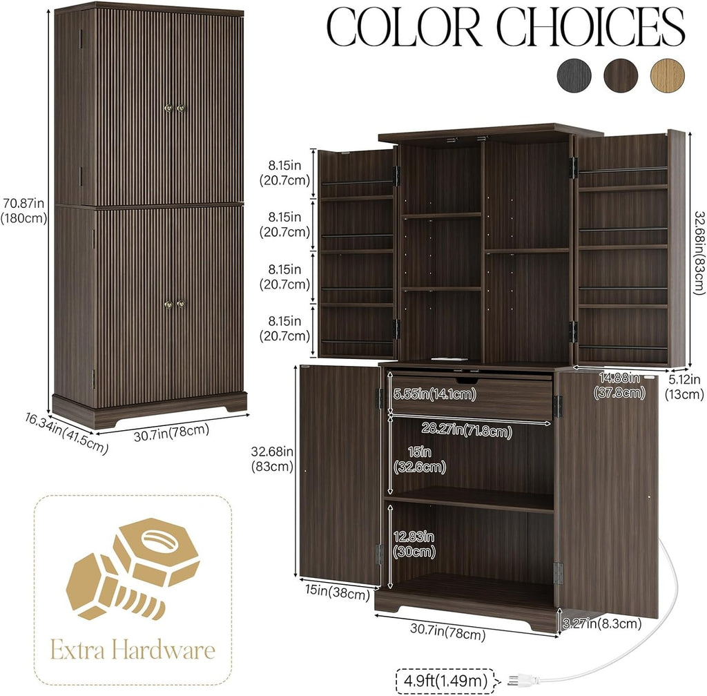 71" Tall Fluted Kitchen Pantry Cabinet, Modern Fluted Pantry Cabinet with Doors, Kitchen Pantrys Storage Cabinets with Drawer and Adjustable Shelves Doors for Dining Room, Living Room, Walnut