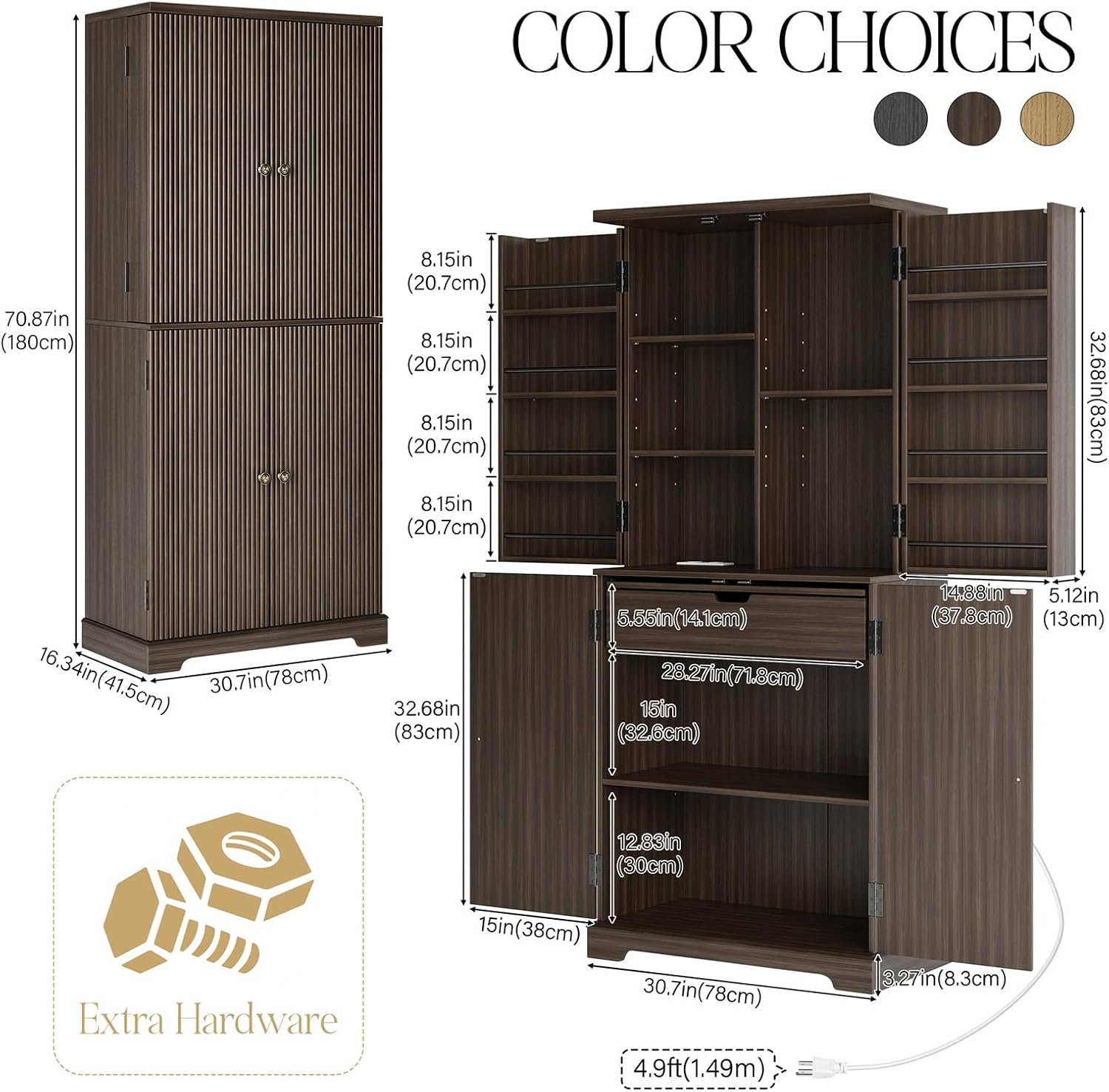 71" Tall Fluted Kitchen Pantry Cabinet, Modern Fluted Pantry Cabinet with Doors, Kitchen Pantrys Storage Cabinets with Drawer and Adjustable Shelves Doors for Dining Room, Living Room, Walnut