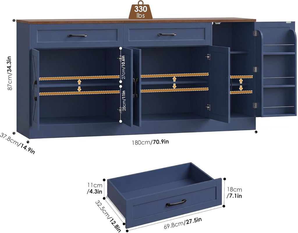 BOTLOG 71” Large Sideboard Buffet Cabinet with Storage, Farmhouse Buffet Cabinet with Adjustable Shelves and 3 Door Shelves, Wood Coffee Bar Console Table for Kitchen, Dining Room (Blue)