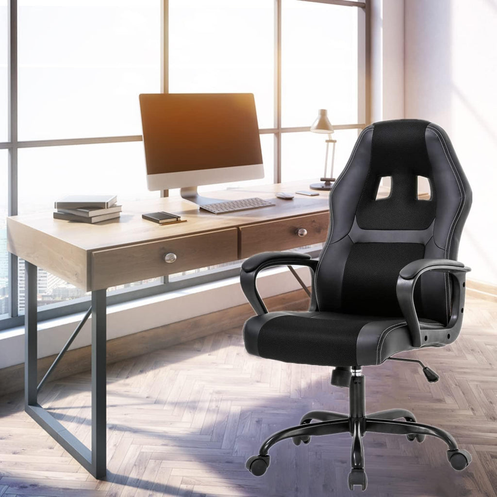 Gaming Chair Ergonomic Office PU Leather Video Game Adjustable Computer With Lumbar Support Armrest Rolling Swivel Task Work PC for Adult Teen, Black