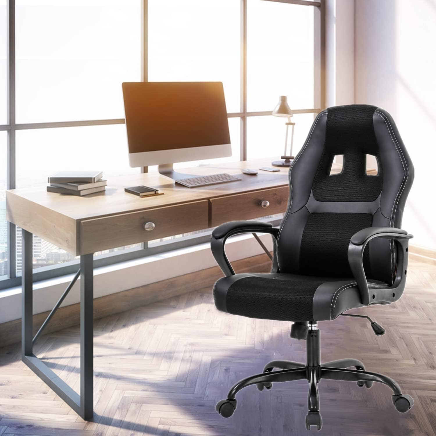 Gaming Chair Ergonomic Office PU Leather Video Game Adjustable Computer With Lumbar Support Armrest Rolling Swivel Task Work PC for Adult Teen, Black