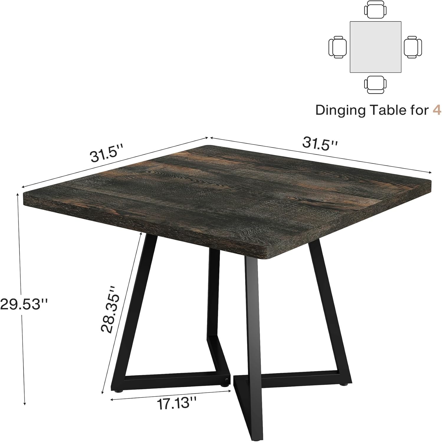 Tribesigns Square Dining Table for 2, 31.5" Industrial Dinner Table with Metal Base, Kitchen Table for Dining Room, Small Space, Apartment, Rustic Brown & Black