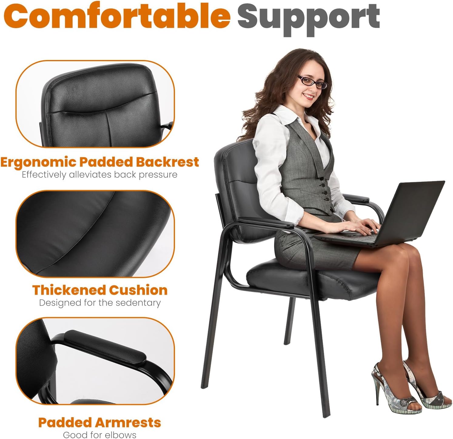Sweetcrispy Office Reception Guest Waiting Room Chairs, Leather Stationary Chair No Wheels with Padded Arms for Elderly Desk Conference Room Lobby, 1 Pack, Inky