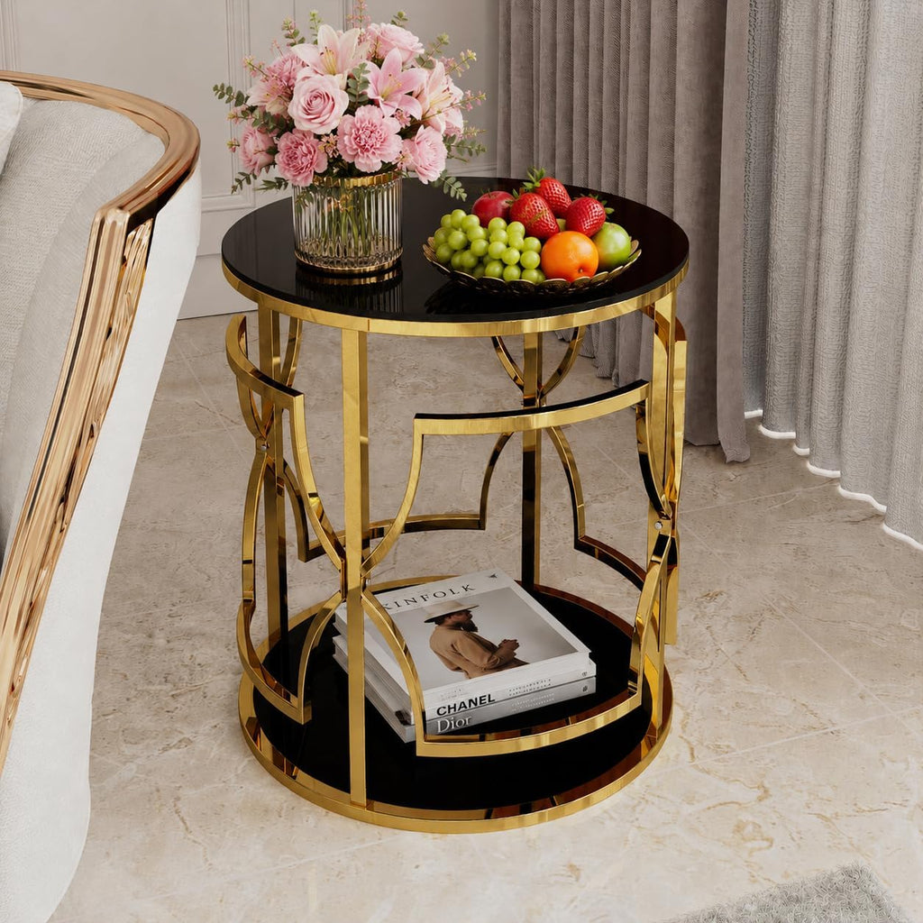 Merax 19.7" Round Gold Metal Side Table with Tempered Glass Top & 2-Tier Storage Shelf, Modern Coffee Table Glam End Table for Living Room, Bedroom, Sofa Side, Small Space, Black