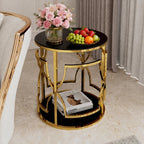 Merax 19.7" Round Gold Metal Side Table with Tempered Glass Top & 2-Tier Storage Shelf, Modern Coffee Table Glam End Table for Living Room, Bedroom, Sofa Side, Small Space, Black