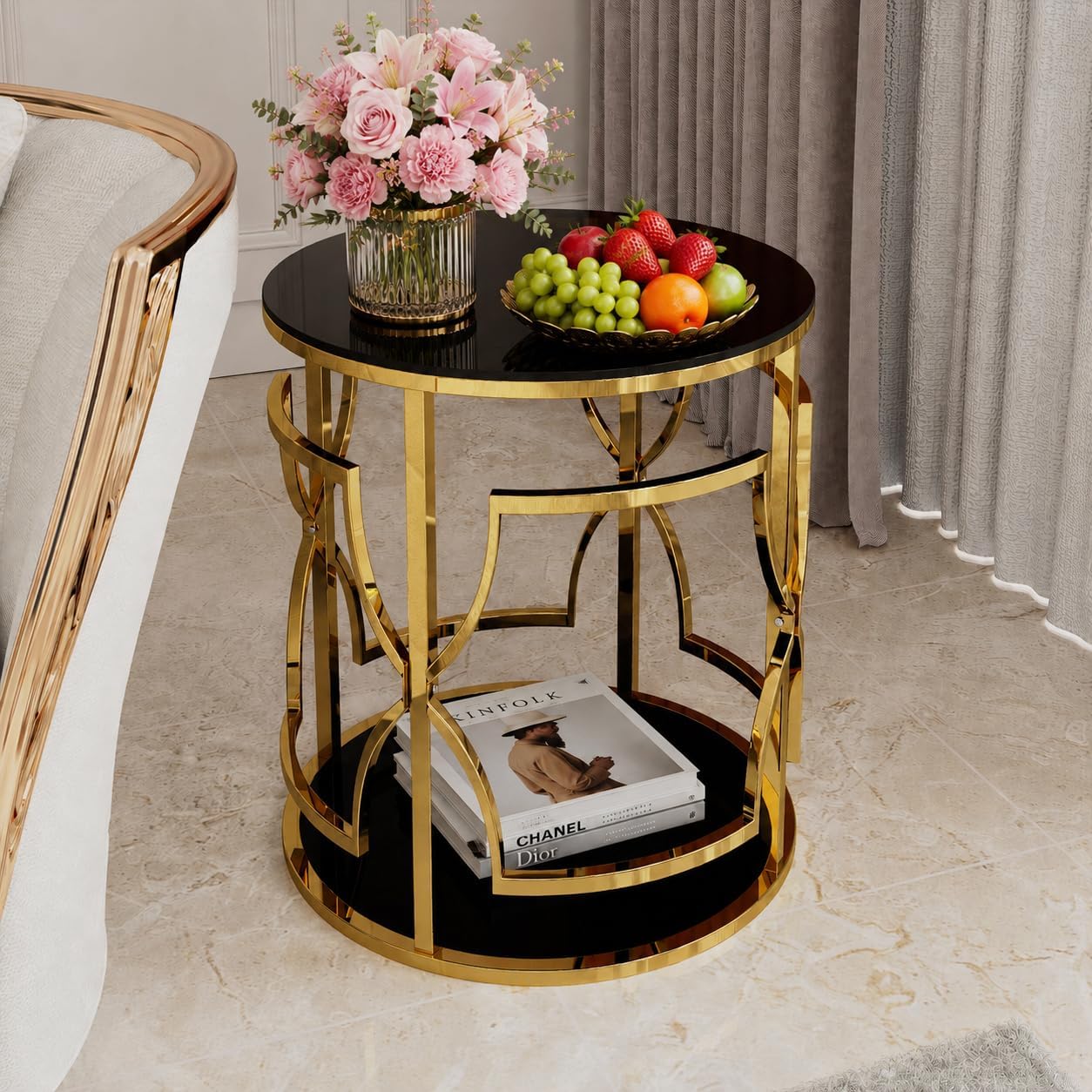 Merax 19.7" Round Gold Metal Side Table with Tempered Glass Top & 2-Tier Storage Shelf, Modern Coffee Table Glam End Table for Living Room, Bedroom, Sofa Side, Small Space, Black
