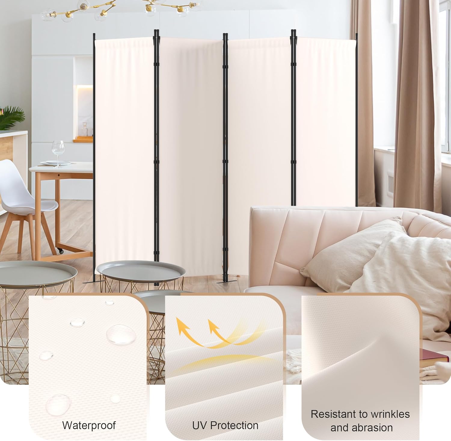 Room Divider 4 Panel Partition Room Dividers & Folding Privacy Screens w/ 3 Metal Feet,88" W Portable Wall Doubles as a Dressing Screen Wall Divider for Office Bedroom Children's Room,White