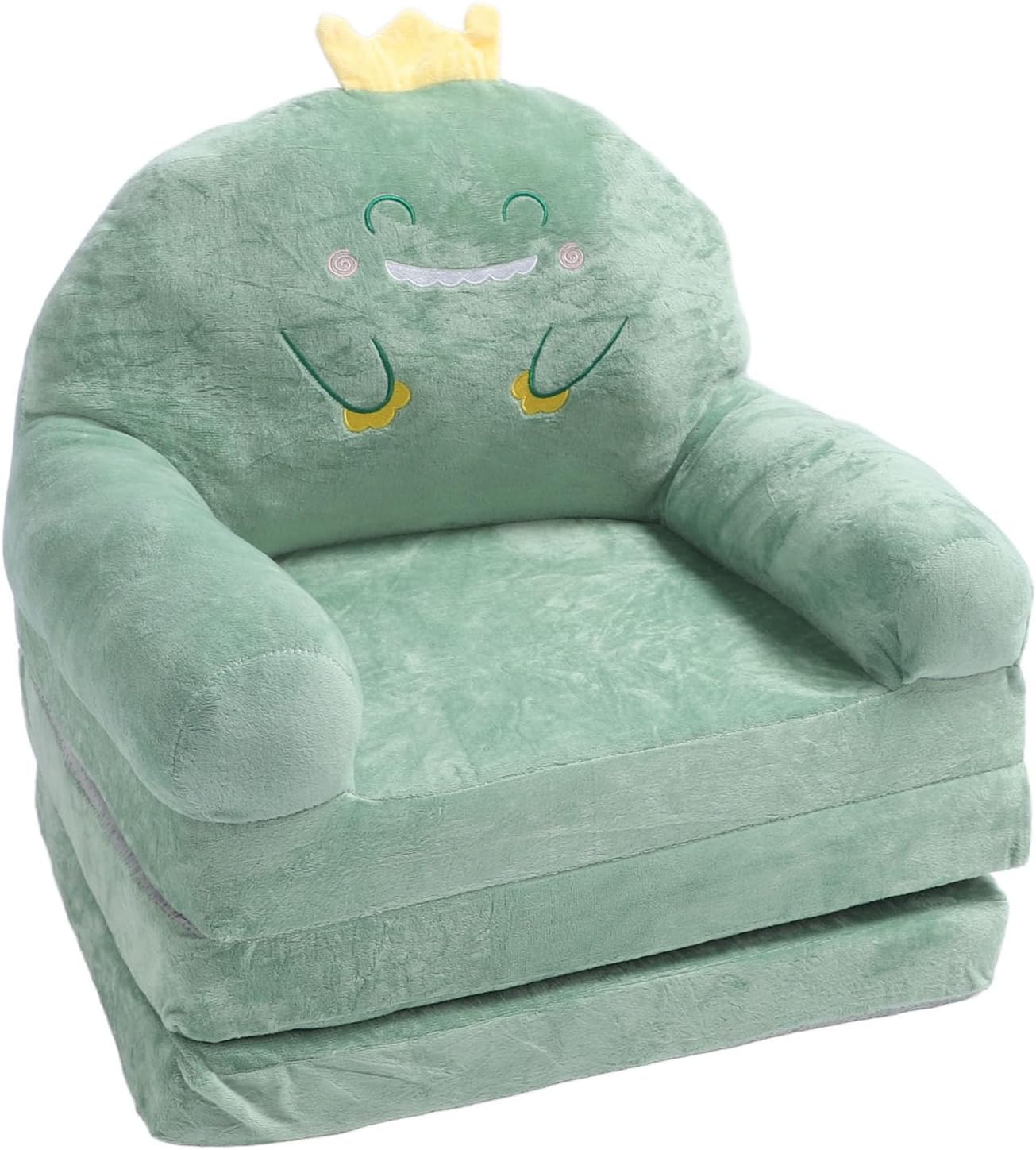Cartoon Green Dinosaur Kids Sofa, Foldable Toddler Chair with Wide Handle, Soft Breathable Mini Couch for Reading, Relaxing, Sleeping (Folding in Thirds)