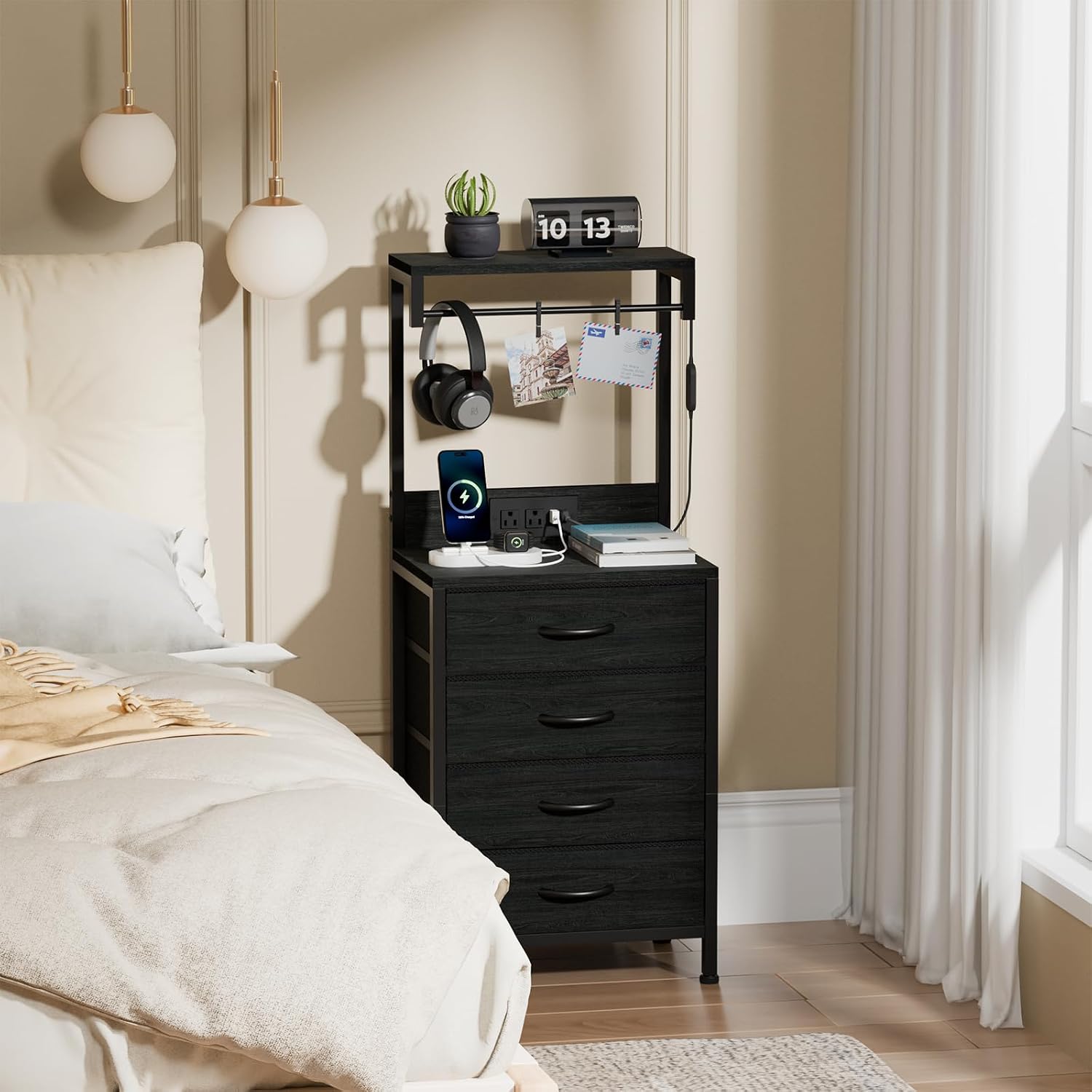 Furnulem Nightstands Set of 2, 38" Tall Bedside Table with Charging Station | Charging Station & RGB LED Lights, 4 Fabric Drawers & Storage Wood Shelves, Metal Frame, Black Night Stand for Bedroom Dorm