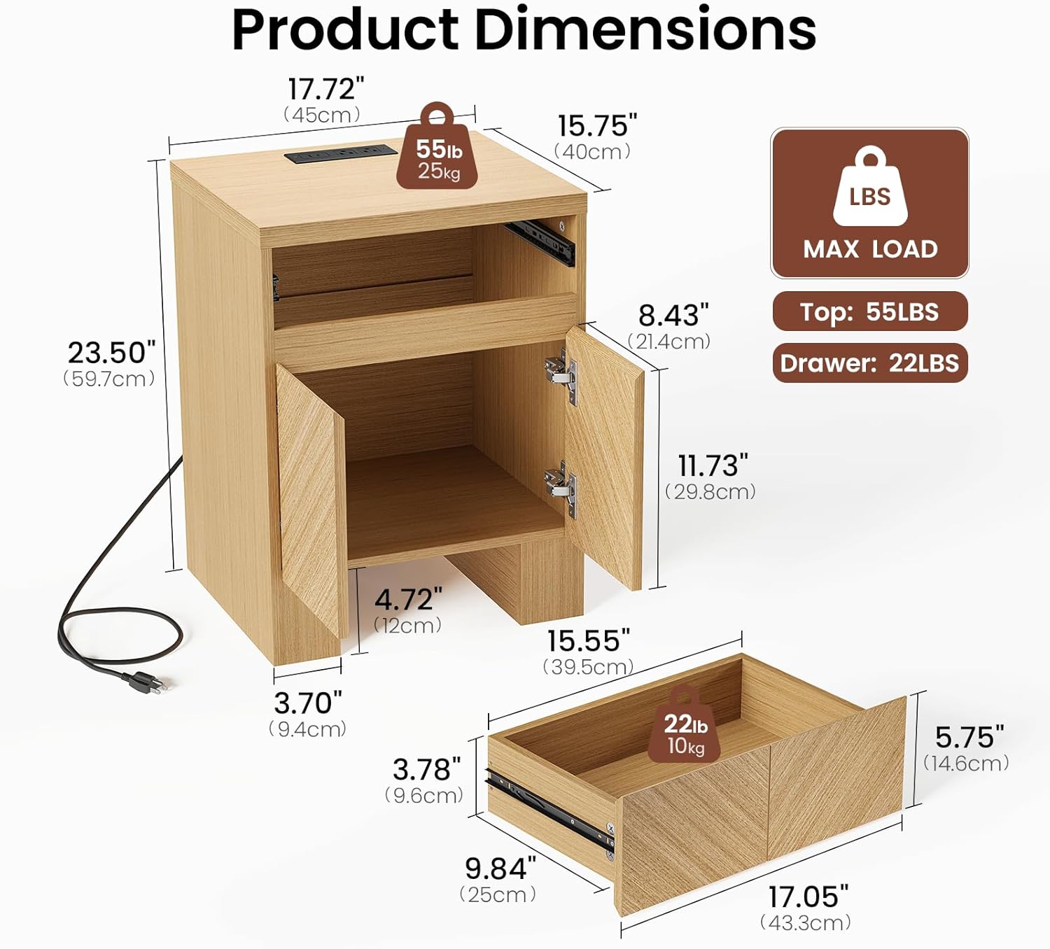 ModernMate 23.5" Tall Modern Nightstand, Wood Bedside Table with Drawer, USB-C Port, Wooden Night Stand End Table for Bedroom, Sofa, Chevron Pattern Design, Stable Legs, Natural Oak