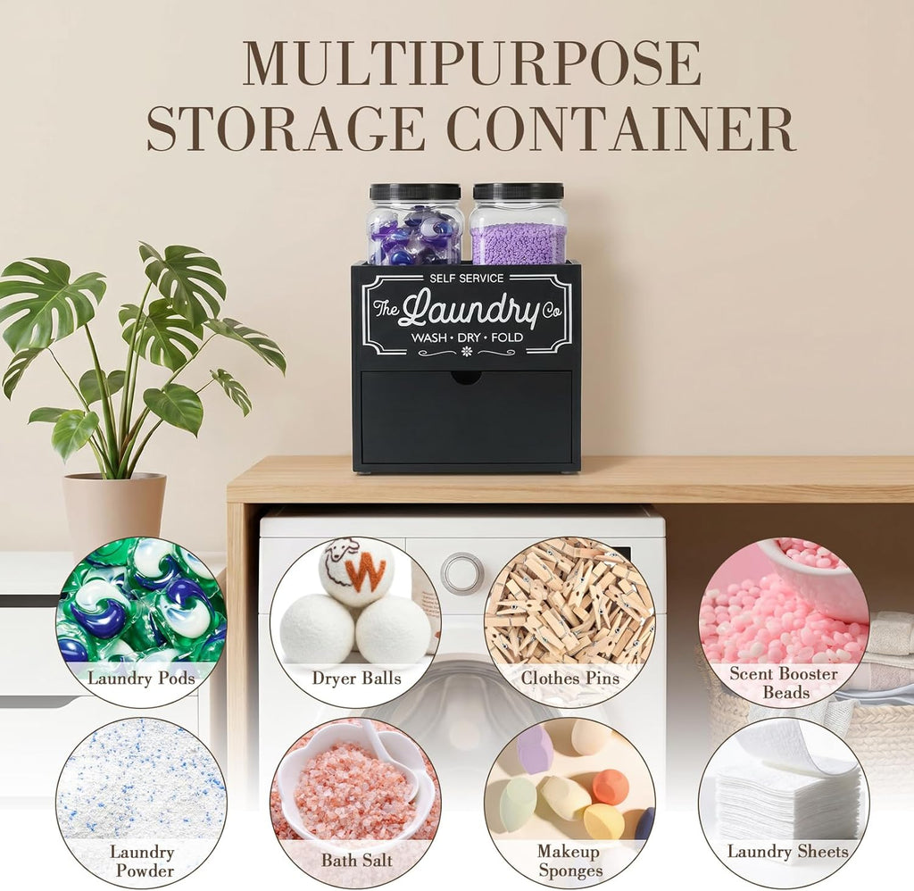 Laundry Pods Container and Dryer Sheet Holder for Laundry Room Organization&Decor, Detergent Powder Container Include 2 Plastic Jars with Lids for Powder, Pods, Scent Booster Beads