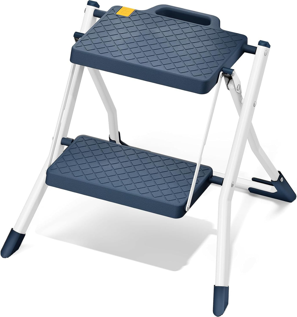 URACKIFY 2 Step Stool Foldable, Step Ladder with Non-Slip Rubber mat, Step Stool with Release Button, Lightweight Steel, Blue, for up to 330LBS.