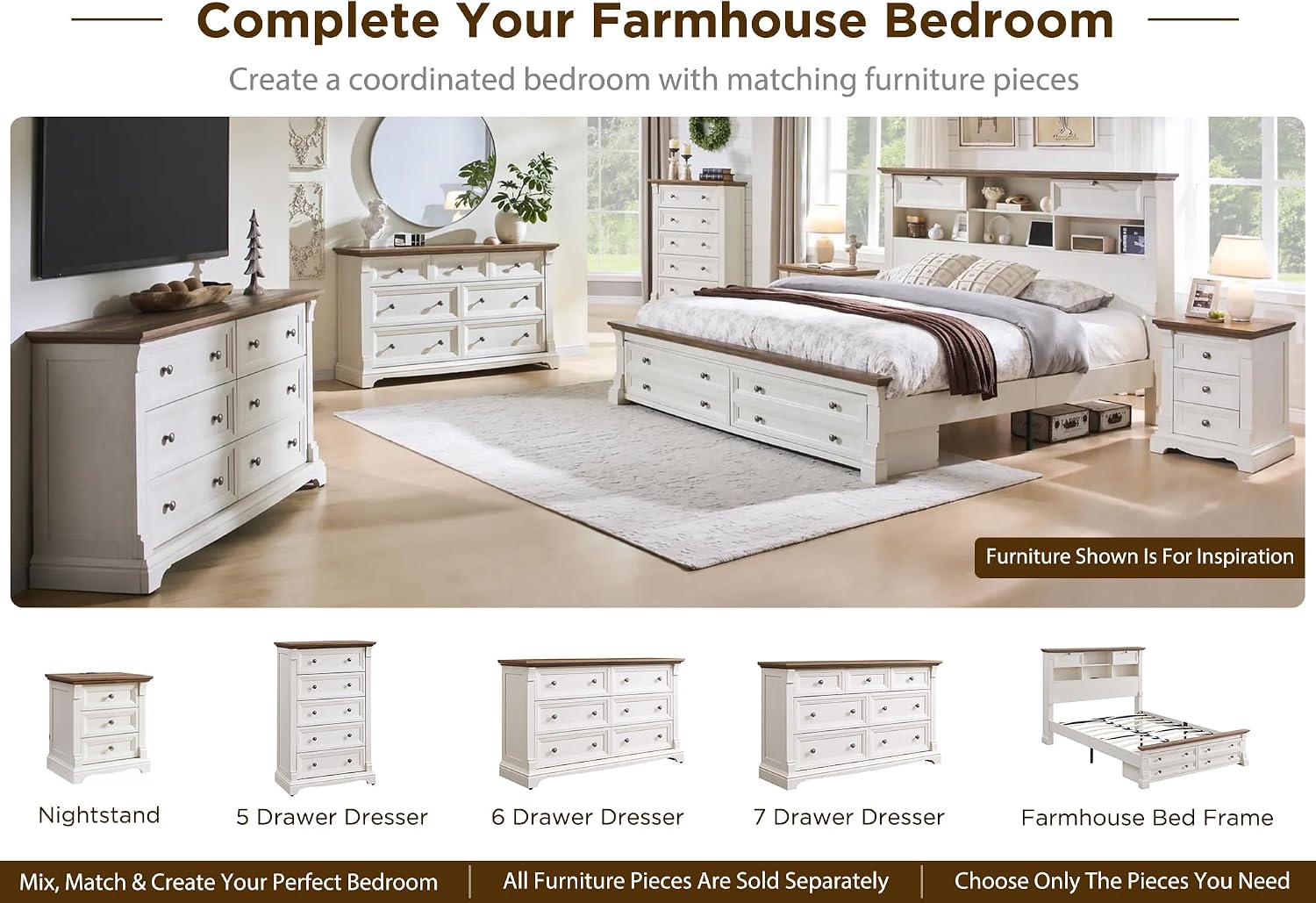 Farmhouse 26"H Nightstand Set of 2, 23.6"W End Table with Charging Station | 3 Drawers Storage, Wood Side Table w/Roman Column, Bedside Cabinet for Bedroom, Living Room, Antique White