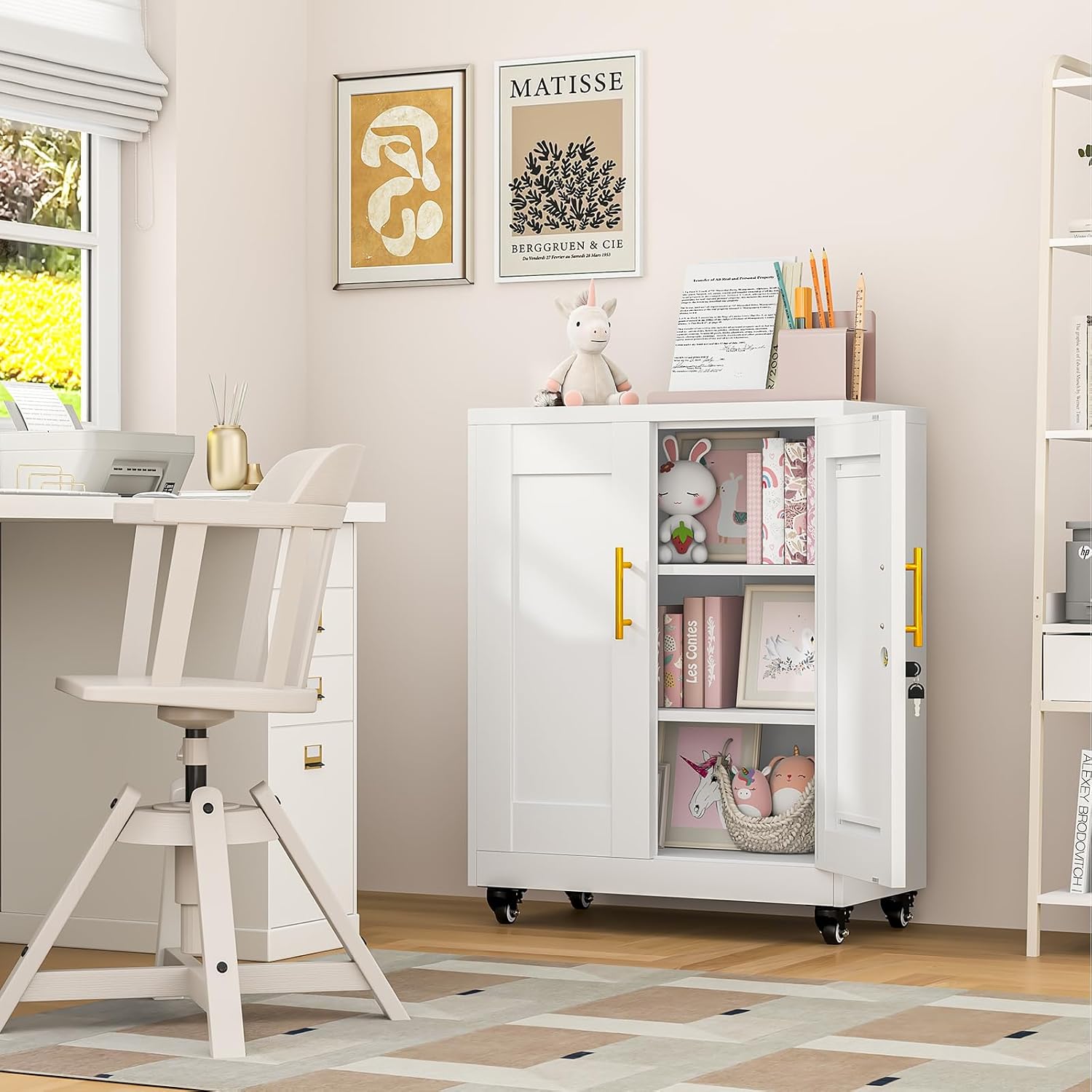 Metal Storage Cabinet with Wheels, 36" Tall Locking Storage Cabinet with 2 Adjustable Shelves, Locking Garage Cabinet, Steel Locker Organizer, for Office, Home, School, White