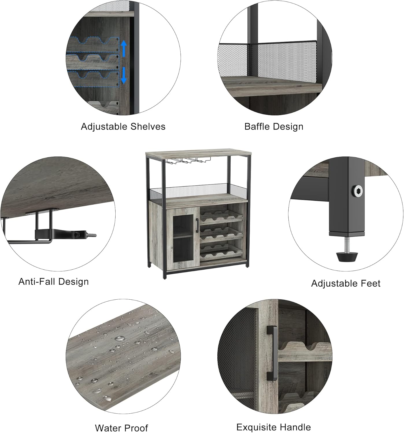 Amyove Wine Bar Rack Cabinet with Detachable Wine Rack, Bar Rack with Glass Holder, Small Sideboard and Buffet Cabinet with Mesh Door, Grey