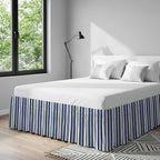Navy Blue Striped Bed Skirt Cal King Size 16 Inch Drop, Adjustable Elastic Bedskirt Dust Ruffle for Cal King Bed, Summer Botanical Farmhouse Stripes Wrap Around Bed Skirts Pleated Bed Frame Cover