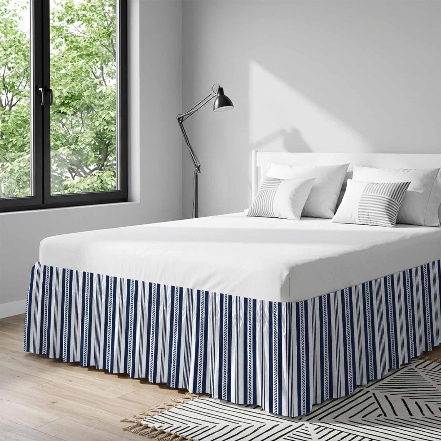 Navy Blue Striped Bed Skirt Cal King Size 16 Inch Drop, Adjustable Elastic Bedskirt Dust Ruffle for Cal King Bed, Summer Botanical Farmhouse Stripes Wrap Around Bed Skirts Pleated Bed Frame Cover