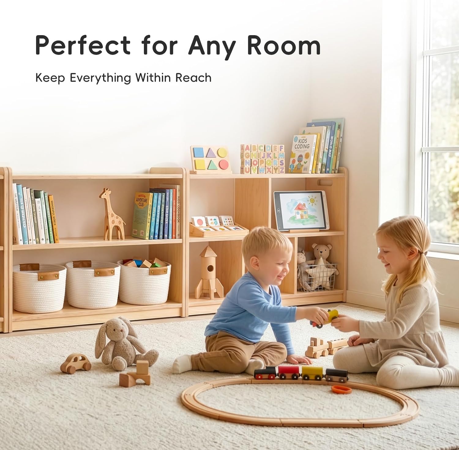 OOOK Montessori Shelf 5-Section, 2-Shelf Toy Organizers and Storage, Double-Sided Montessori Toy Storage, Ideal for Kids Room, Daycare Center, Nursery, Classroom, Kindergarten